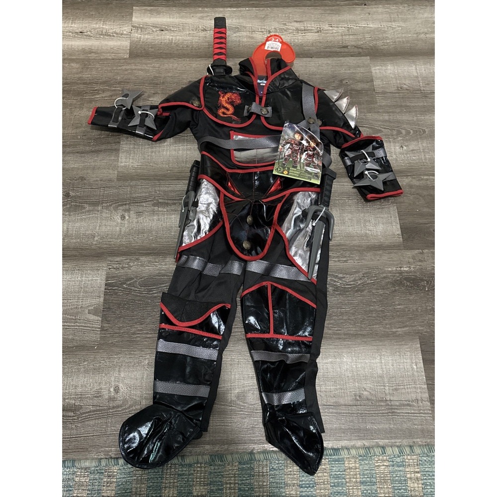 Adventure Factory Kids Ninja Costume Black Red Silver Dragon Size 3-4 New